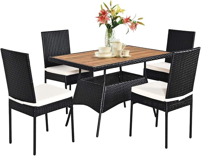 Tangkula 5 Piece Wicker Patio Dining Set, Outdoor Rattan Table & Chairs Set with Padded Cushions, Patio Furniture Dining Acacia Wood Table Set for Balcony Patio Garden Poolside