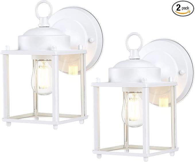 Outdoor Wall Light, Porch Lamp, Rustproof Waterproof, White | Exterior Wall Sconce Fixture for House, Garage, Patio, Metal Housing with Glass, E26 Base, 2 Pack