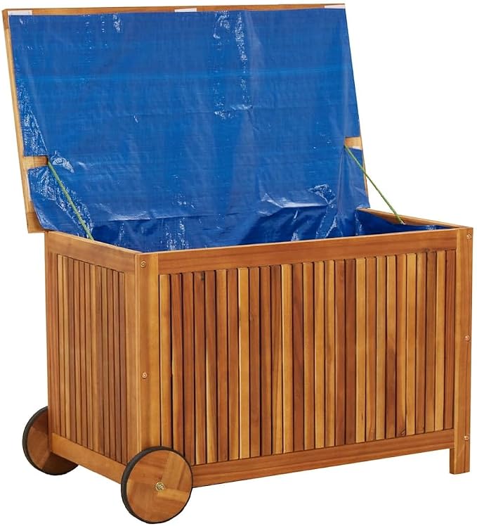 Natural Acacia Wood Garden Storage Box with Wheels, Water Resistant Outdoor Storage Container for Cushions Blankets Tools, Medium Rectangular Rustic Style Organizer