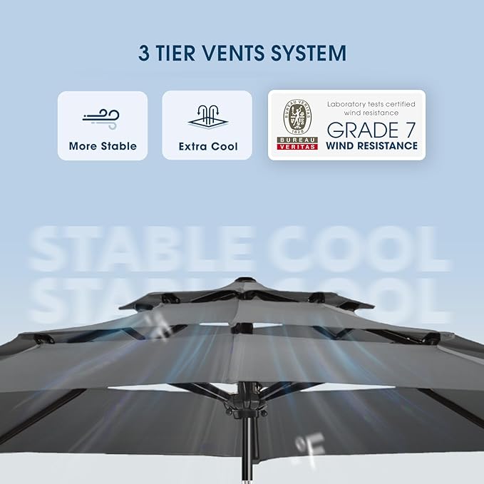 wikiwiki 9ft 3-Tier Patio Umbrella Outdoor Table Market Umbrella for Patio with Push Button Tilt/Crank, Fade Resistant Waterproof POLYESTER Canopy for Garden, Lawn, Deck, Backyard & Pool, Dark Gray