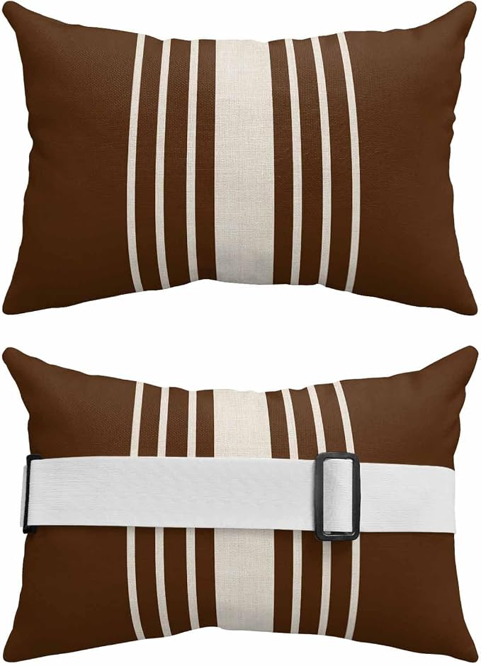 Outdoor Pillow for Chaise Lounge Chair Vintage Brown Striped Linen Headrest Pillow with Adjustable Elastic Strap Set of 2,12x20 inch, Geometric Modern Art Waterproof Head Pillows for Patio Pool Beach