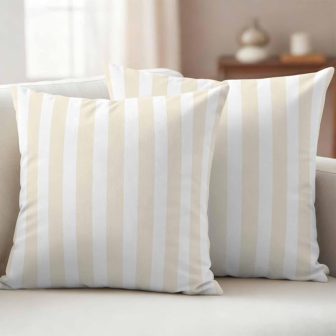 Cream Striped Outdoor Waterproof Throw Pillow Covers 16x16 Set of 2, Modern Farmhouse Cream White Stripes Decorative Pillowcases Cushion Pillowcase for Couch Sofa Patio Outside Pillow Protector