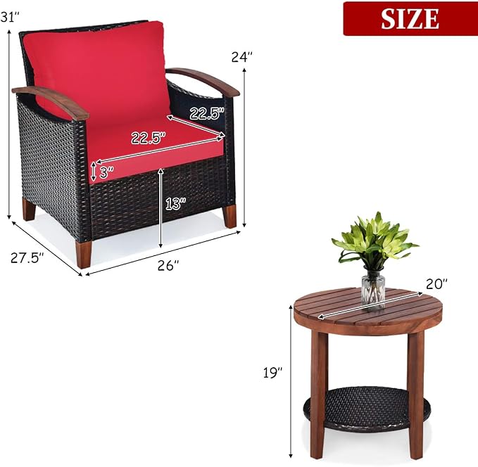 COSTWAY 3PCS Patio Rattan Furniture Set, Outdoor Solid Wood Frame Cushion Sofa with Round Table for Garden Porch Backyard Poolside (Red)