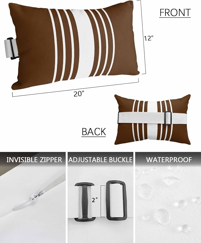 Outdoor Pillow for Lounge Chair with Strap & Insert Brown Vertical Stripes Recliner Head Pillow Classic Striped Waterproof Headrest Patio Lumbar Pillows for Beach Pool Office Chaise Chair 12x20 Inch