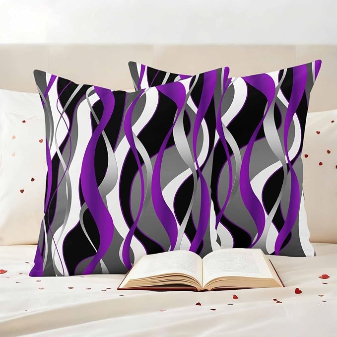Outdoor Pillow Covers Set of 2, Modern Purple Grey Black Stripes Decorative Throw Pillow Covers 16X16IN, Gradient Abstract Art Throw Pillows Protector Cushion Case for Patio,Couch,Sofa,Garden