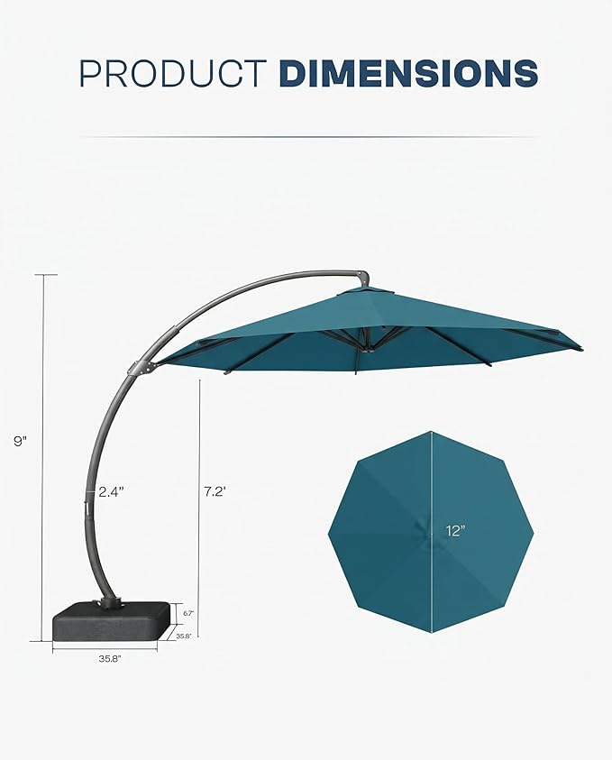 12 FT Cantilever Umbrella with Base Included, Large Round 360° Rotation Offset Umbrella Outdoor Patio, Heavy Duty Aluminum Frame, Sand-Weighted Stand, for Deck, Backyard, Pool, Garden (Lake Blue)