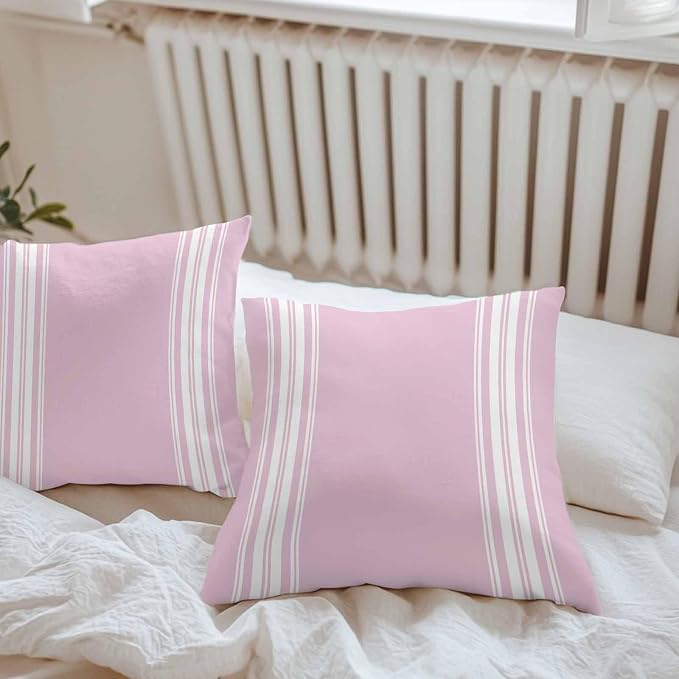 Outdoor Pillow Covers 18x18 Set of 2 Pink Stripes Outdoor Pillows Waterproof Throw Pillow Covers French Stripe Farmhouse Style Pillowcases Decorative Case for Patio Cushion
