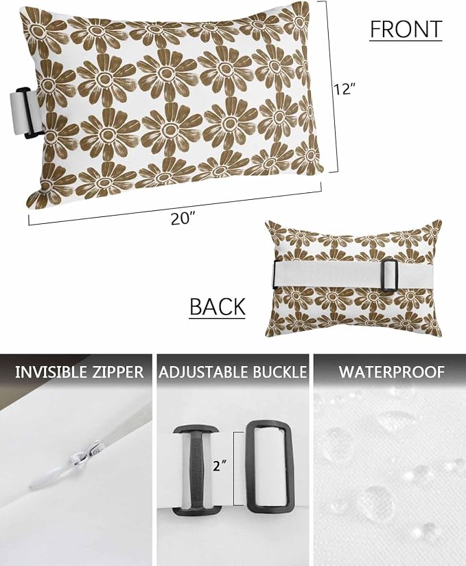 Pack of 2 Outdoor Lumbar Cushions with Inserts, Retro Ethnic Flower Watercolor Pattern Waterproof Fluffy Fade Body Pillows, Patio Furniture Pillow for Home Balcony Garden Decor 12x20IN