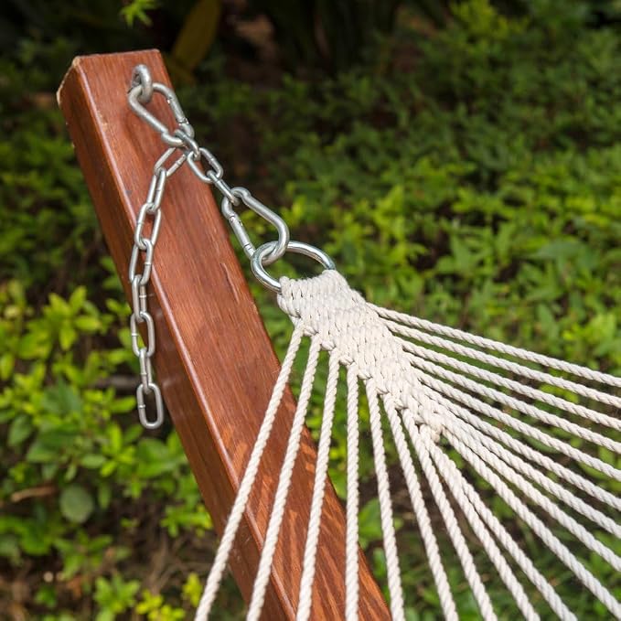 Lazy Daze Hammocks Double Rope Hammock, 2 Person Traditional Outdoor Hand Woven Cotton Rope Hammock with Spreader Bar, Carabiners, Tree Straps, Chains for Patio Yard - Max 450 Lbs, Natural