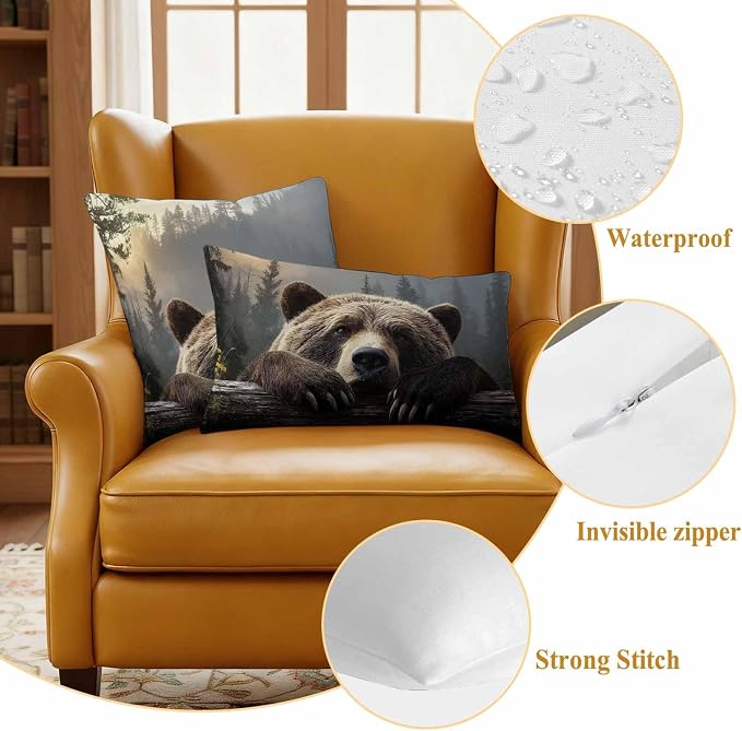 Bear Outdoor Pillow Covers 16"x16" Set of 2, Animal Wood Fence Forest Farmhouse Waterproof Throw Pillow Covers for Patio Furniture, Decorative Cushion Covers for Porch