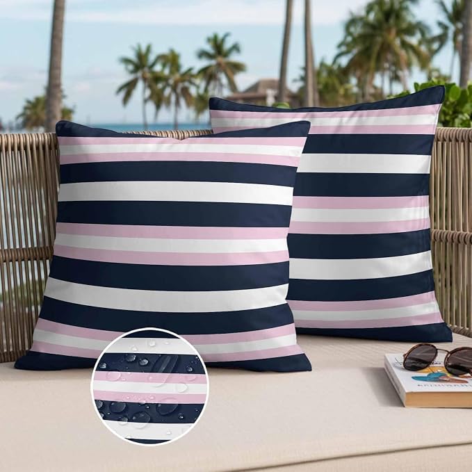 Pink Navy Blue Striped Waterproof Outdoor Pillow Covers Set of 2 Home Decor, Minimalist Abstract Lines Artwork Pillowcase Patio Pillow Covers for Couch Bench Furniture Garden 16x16in