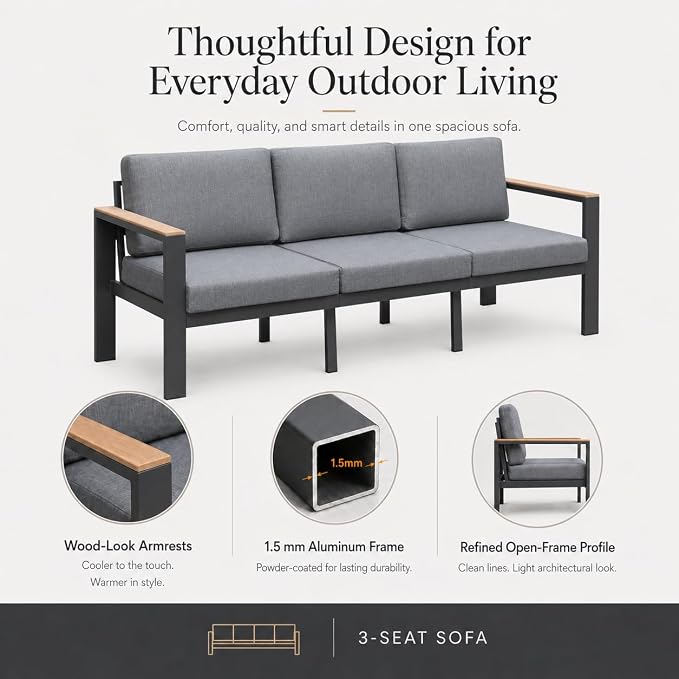 Outdoor Patio Sofa, 3-Seat Aluminum Outdoor Couch with 5-Inch Water-Resistant Cushions, Powder-Coated Frame for Porch, Deck, Backyard, Garden, Poolside, Gray
