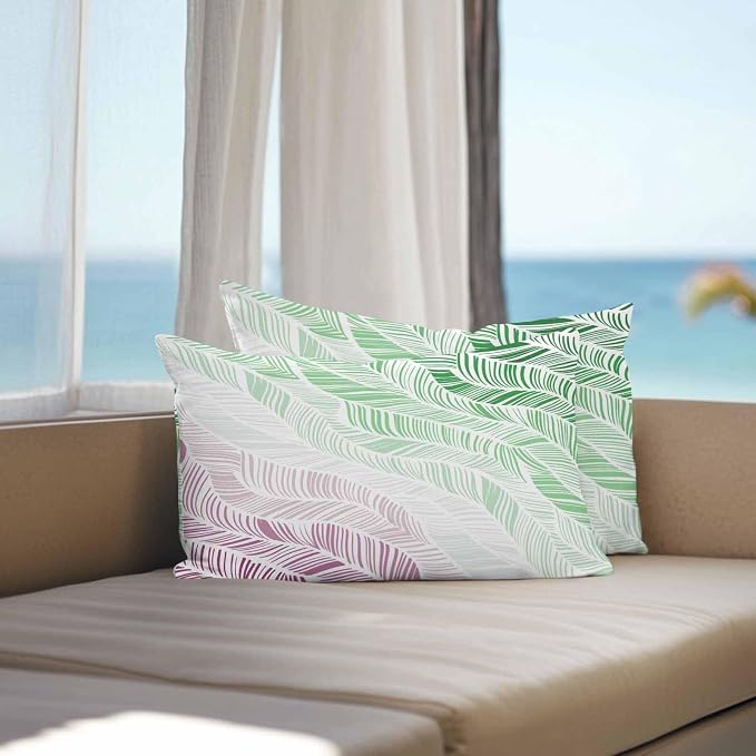 Vandarllin Outdoor Throw Pillows Covers 20x12 inch Set of 2 Waterproof Summer Beach Decorative Zippered Cushion Covers for Patio Furniture, Ombre Green Abstract Leaf Lines Lumbar Pillowcases