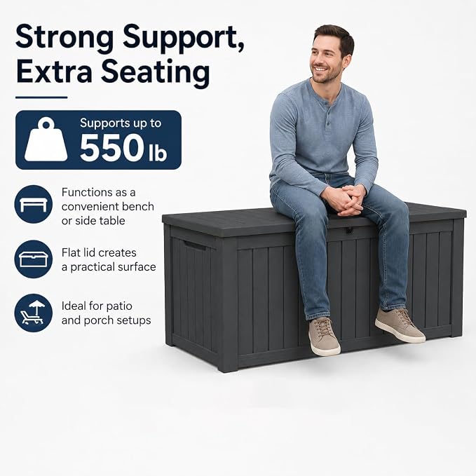 Outdoor Deck Patio Storage Box - 170 Gallon Large Outdoor Deck Box, Plastic Storage Bin with Lid, Outside Toy Box & Pool Storage Container for Cushions, Garden Tools, Towel, Black