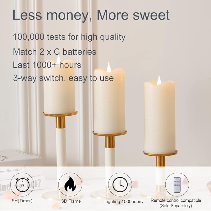 TECHLONG Flickering Flameless Candles with 3D Moving Flame, Last 1000+ Hours Battery Operated Candles with Timer, Ivory Real Wax Pillar Electric LED Candle for Wedding Christmas Party/3" x 7"