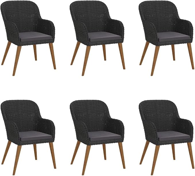 7 Piece Patio Dining Set, Outdoor Dining Table and Chairs with Cushions, Tempered Glass Table and 6 Rattan Chairs with Acacia Wood Armrests for Backyard Patio