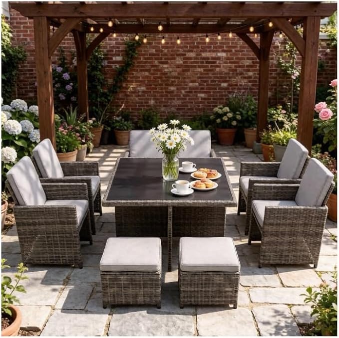 Gasee 9 Pieces Outdoor Dining Sets Patio Rattan Conversation Set Space Saving Wicker Chairs with Glass Table,Gray