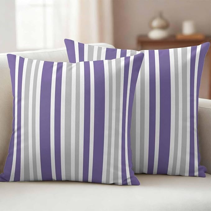 Purple Grey Stripe Outdoor Pillow Covers 16x16 Inch Throw Pillow Covers Set of 2 Waterproof Decorative Pillow Cases Farmhouse Minimalist Striped Cushion Covers for Patio Furniture Garden Couch Sofa