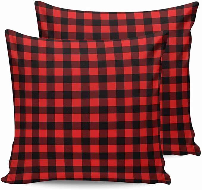 Outdoor Waterproof Throw Pillow Covers Set of 2 Red Buffalo Plaid Pillowcases 20x20 Inches Pastoral Black Checked Decorative Pillows Cushion Case Patio Pillows for Couch Bed Chair Garden