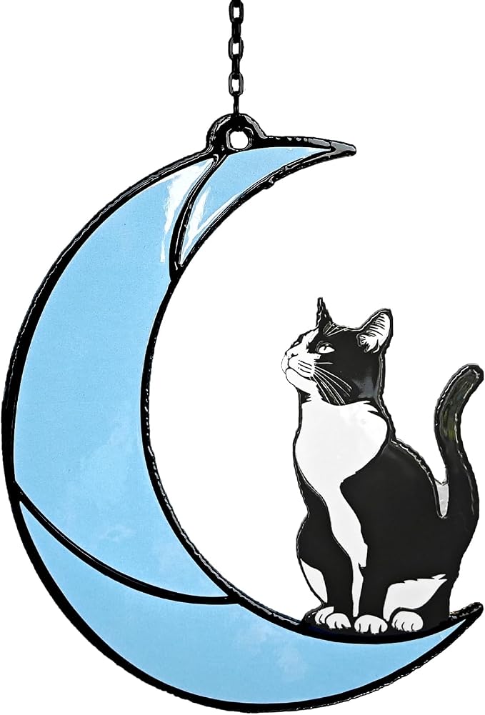 Black and White Cat Gift,Tuxedo Cat Stained Glass Art Suncatcher | Cat memorial gift and home decor for cat lovers, family, or friends; hangs in windows, patios, or gardens to honor memories