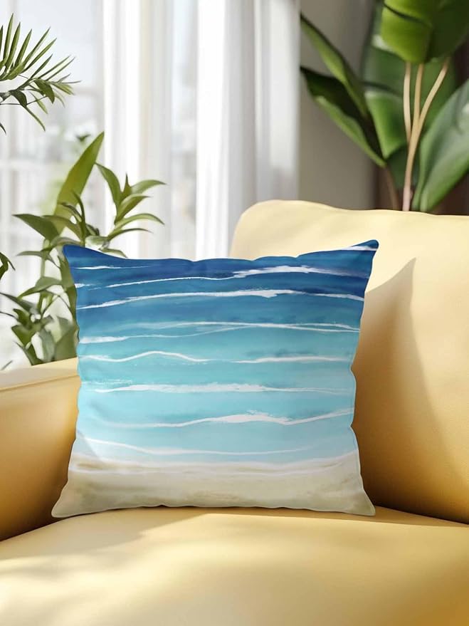1 Pack Outdoor Pillows Waterproof, Blue Beige Ombre Indoor/Outdoor Throw Pillows with Inserts, Coastal Nautical Summer Beach Wave Decorative Pillow for Patio Furniture Chairs Couch 18"x18"