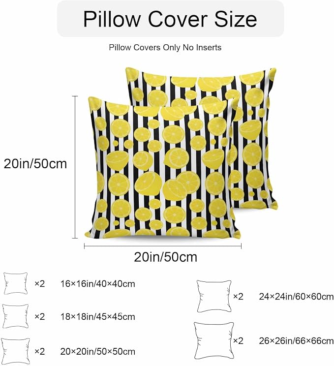 Vandarllin Outdoor Throw Pillows Covers 26x26 inch Set of 2 Waterproof Yellow Lemon Decorative Zippered Cushion Covers for Patio Furniture, Summer Fruit Black Stripes Lumbar Pillowcases