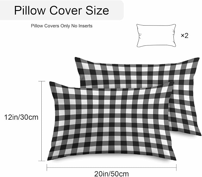 Outdoor Waterproof Throw Pillow Covers Set of 2 Black White Buffalo Plaid Lumbar Pillowcases 20x12 Inches Pastoral Checked Decorative Pillows Cushion Case Patio Pillows for Couch Bed Chair Garden