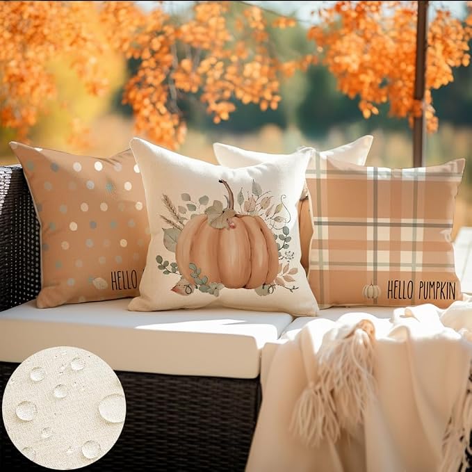 Fall Outdoor Pillow Covers Waterproof 20x20 Set of 4,Pumpkin Thanksgiving | Eucalyptus Autumn Fall Decorations for Home Porch,No Insert,Durable Polyester,Fit 20x20 inch Inserts or Smaller