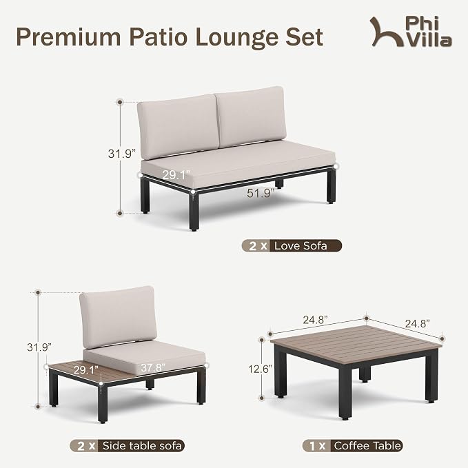 PHI VILLA 5 Pieces Outdoor Patio Furniture Set,Metal Frame Modern Outdoor Sectional Sofa Set,6 Seats Patio Conversation Sets with Coffee Table&Thickened Cushion,for Poolside and Backyard,Light Grey