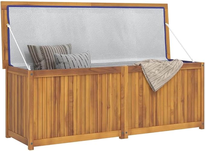 Solid Teak Wood Garden Storage Box, Large Rectangular Outdoor Deck Container for Cushions and Garden Tools, Weatherproof Deck Bin for Patio, Balcony and Garage, 59.1 x 19.7 x 21.7 Inches