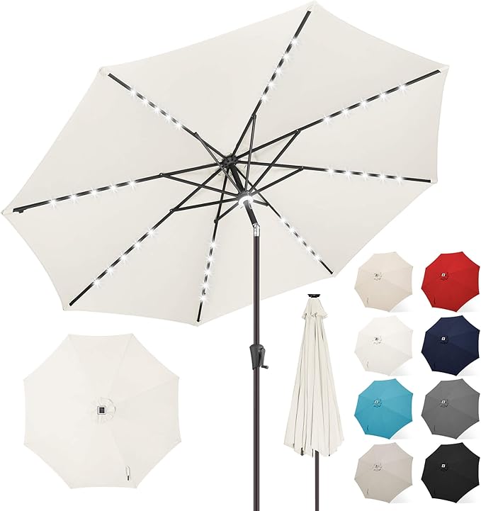 FLAME&SHADE 9 FT Outdoor Umbrella with 40LED Lights, Solar Light Patio Umbrella with Centre Surround Light, Table Market Umbrella Outdoor Patiofor Deck, Pool, Backyard, Garden (Ivory)