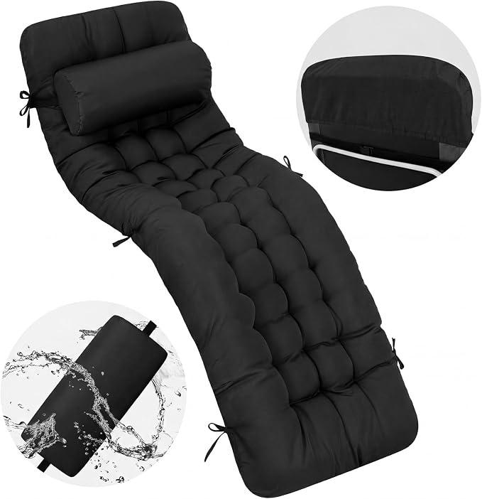 Tudomro Outdoor Chaise Lounge Cushion 66x21x4'' Waterproof & Fade-Resistant Patio Pool Chaise Lounge Cushion Headrest Pillow Tie Replacement Rocking High Back Chair(Black,1 Pcs)