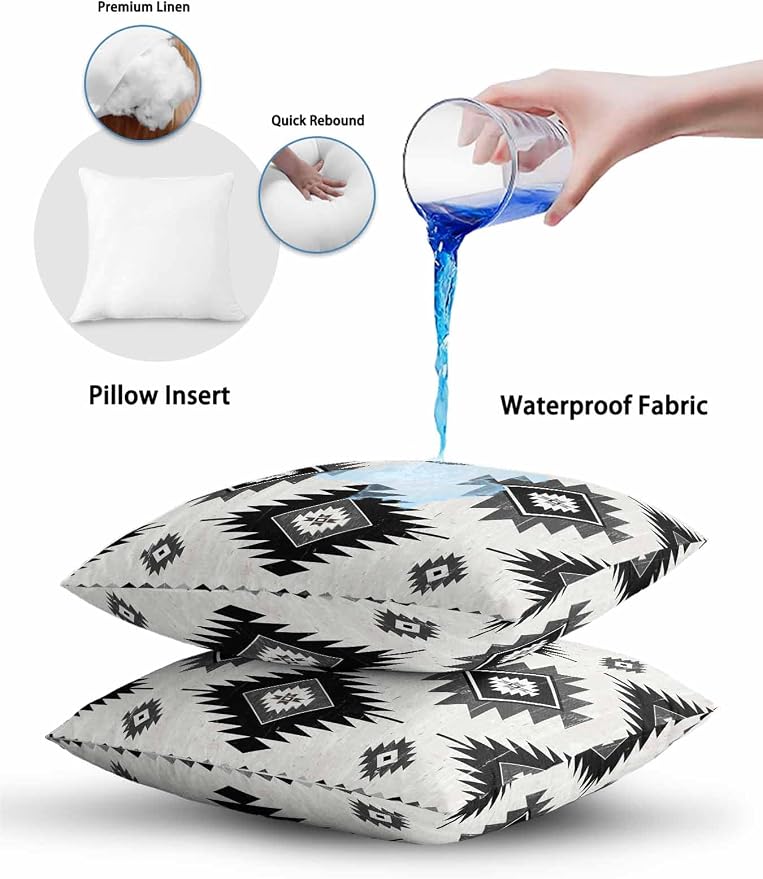Waterproof Outdoor Pillow 1 Pack Gray Boho Aztec Decorative Throw Pillows Cover & Insert 16x16 Inch Pillowcase Southwest Tribal Style Square Pillows for Couch Sofa Bed Patio Furniture Indoor Outdoor