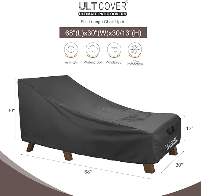 ULTCOVER Waterproof Patio Lounge Chair Cover Heavy Duty Outdoor Chaise Lounge Covers - 68L x 30W x 30H inch, Black