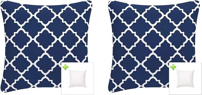Pack of 2 Outdoor Waterproof Decorative Throw Pillows with Inserts for Patio Furniture, 18x18 Inch Fade Resistant Patio Garden Cushions for Couch Bed Sofa, Geometric Navy