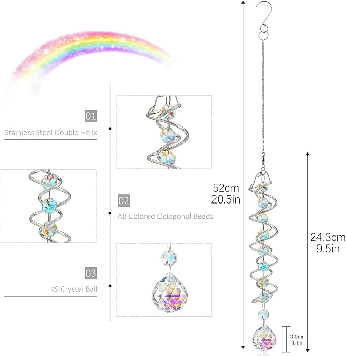 20.5in Crystal Gazing Ball Spiral Wind Spinner Garden Decor | Colorful Crystal Suncatcher with Octagonal Beads Spiral Tail Rainbow Maker Hanging for Indoor Outdoor Garden Patio Yard Decor