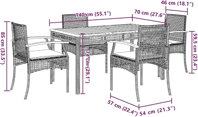 5 Piece Patio Dining Set, Outdoor PE Rattan Dining Table and 4 Chairs with Dark Gray Cushions, Solid Acacia Wood Tabletop and Umbrella Hole for Garden Backyard