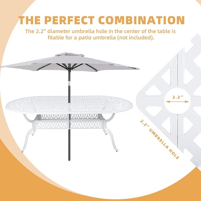 9-Piece Patio Dining Set, Outdoor Patio Table and Chair Set of 84” Oval Cast Aluminum Dining Table with Umbrella Hole, 8 Patio Dining Swivel Chairs Padded, Patio Funiture Set, White