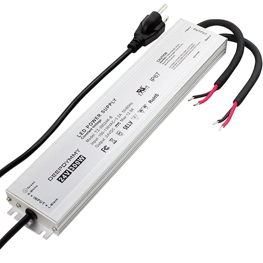 24V DC Power Supply 300W - Ultra Slim LED Driver Low Voltage Transformer with 3-Prong Plug & 3.3ft Cable, IP67 Waterproof for LED Strip Lights, Outdoor Lighting