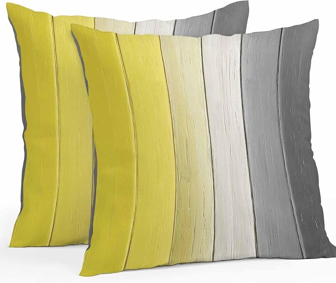 Throw Pillow Covers 20x20 Inch Set of 2, Yellow Gray Ombre Waterproof Outdoor Cushion Covers, Vintage Country Wooden Decorative Pillowcases for Couch, Sofa, Bed, Garden, Patio