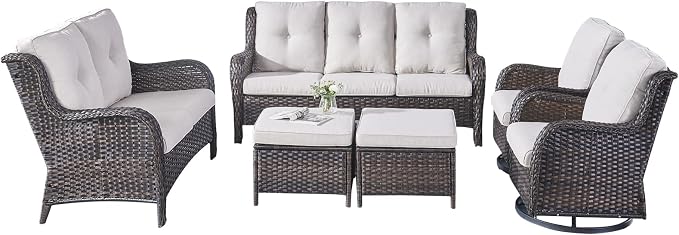 Rilyson Wicker Patio Furniture Set - 6 Piece Rattan Outdoor Sectional Conversation Sets with 2 Rocking Swivel Chairs,2 Ottomans,1 Sofa and 1 Loveseat for Porch Deck Garden(Brown/Beige)