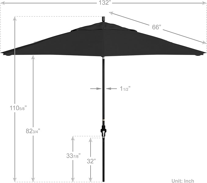 California Umbrella 11Ft Fiberglass Rib Patio Umbrella, Hand-Crank, Tilt-Collar, Black Frame, Solution Dyed Black Fabric