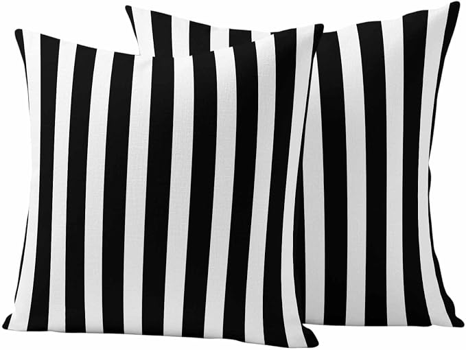 Outdoor Pillow Covers,Black White Geometric Stripe Decorative Throw Pillow Cover Waterproof Pillowcase Set of 2,Linen Cushion Case for Sofa Couch Bed 16x16 Inch,Modern Minimalist Line