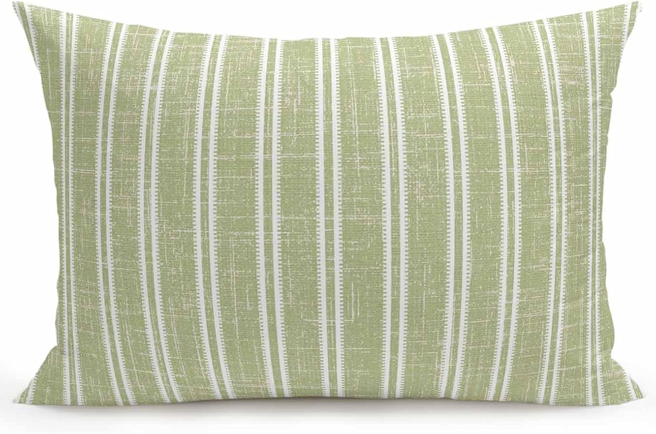 Waterproof Outdoor Pillow 1 Pack Sage Green Linen Striped Decorative Throw Pillows Cover & Insert 20x12 Inch Lumbar Pillowcase Vertical Stripes Lines Pillows for Couch Sofa Bed Patio Furniture