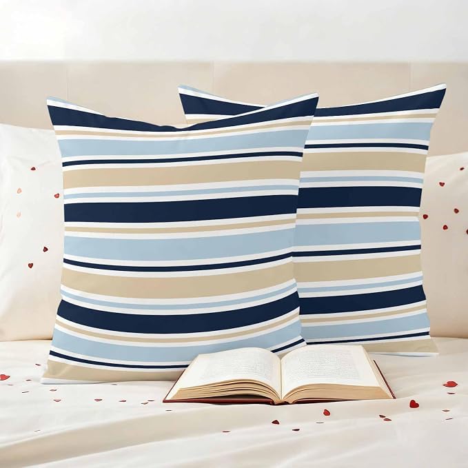 Navy Blue Khaki Striped Outdoor Pillow Cover 18x18 Inch Cushion Sham Case, Farmhouse Stripes Modern Abstract Art Waterproof Decorative Square Throw Pillowcase for Outside Garden Patio Porch Couch