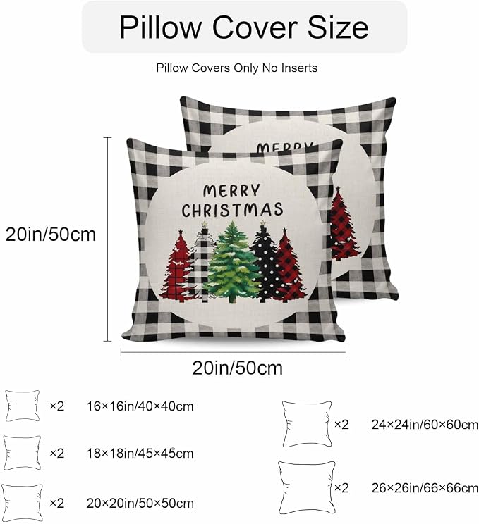YOKOU Outdoor Throw Pillow Covers, Merry Christmas Tree Geometric Xmas Trees Watercolor Black Plaid Waterproof Pillowcases Cushion Covers Cases for Patio Couch Bench, Pack of 2 Square, 20"X20"