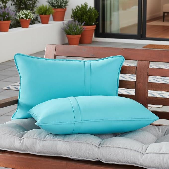 Sunbrella Rectangular Outdoor Throw Pillows 21x14 Set of 2 - Corded Lumbar Patio Accent Pillows with Pleated Design & Removable Zipper Covers – Weather & Fade Resistant Pillows, Canvas Aruba
