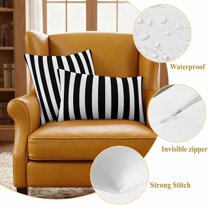 Outdoor Pillow Covers,Black White Geometric Stripe Decorative Throw Pillow Cover Waterproof Pillowcase Set of 2,Linen Cushion Case for Sofa Couch Bed 20x12 Inch,Modern Minimalist Line