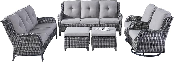 Rilyson Wicker Patio Furniture Set - 6 Piece Rattan Outdoor Sectional Conversation Sets with 2 Rocking Swivel Chairs,2 Ottomans and 2 Sofa for Porch Deck Garden(Mixed Grey/Grey)