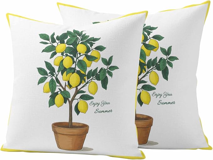 Summer Yellow Lemons Outdoor Waterproof Pillow Covers Set of 2, Green Leaf Botanical Garden Frame Pillowcase Decorative Throw Cushion Cases for Patio Garden Couch 20 x 20 Inches